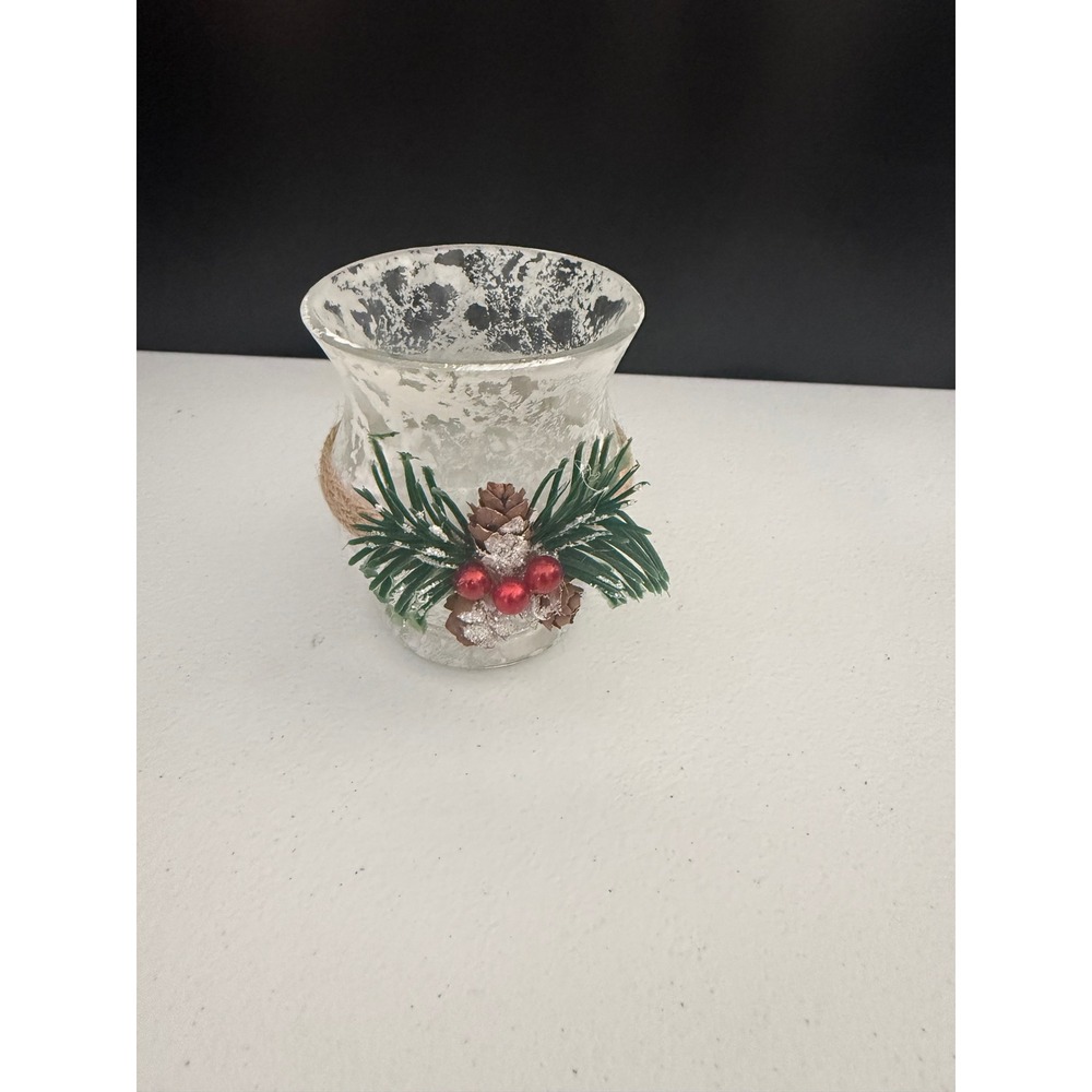 Frosted Glass Christmas Candle Holder Pinecone Berry Jute Wrap Holiday Decor